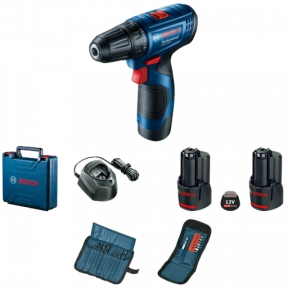 Bosch GSR 120-LI (06019G8002) Акумуляторний шурупокрут + 2 акб 2.0 Ah + ЗУ + набір біт 11 шт. + набір свердл 12 шт.