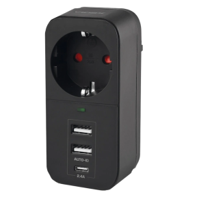 VIDEX ONCORD з/з 1п 2.4A 2USB+USB-C Black - Мережевий адаптер з заземленням
